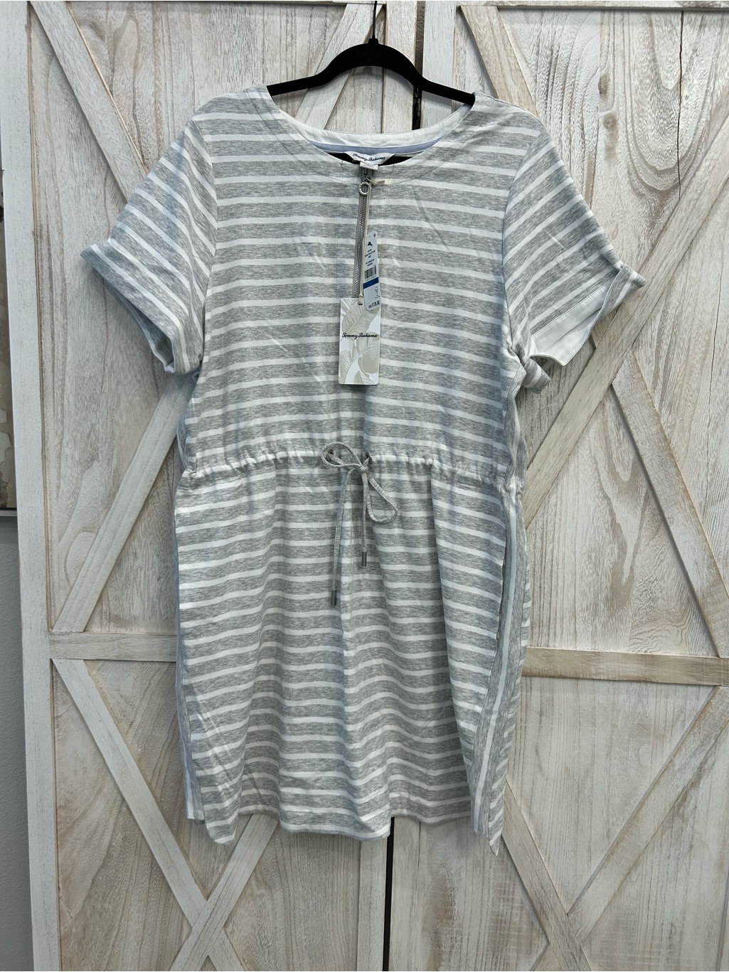 Tommy Bahama Gray & White Striped Zip-Front Tunic Dress